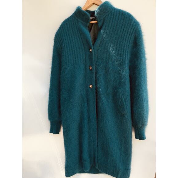 Fuzzy 80% Angora Sweater CONNIE A. LEE Green Cardigan S/M VTG Coquette - Picture 1 of 5